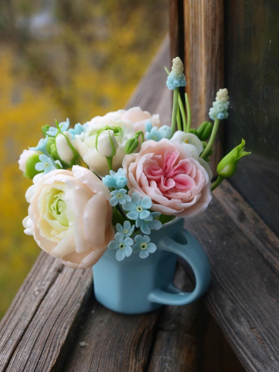 Wedding - Bouquet in the spirit of Provence .cold porcelain bouquet of roses, Flower Arrangement, Mother's Day, clay flowers,rustic