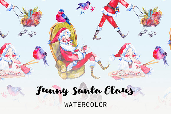 Свадьба - Watercolor Santa Claus scrapbooking paper and illustrations for template cards. Digital images, small commercial use.