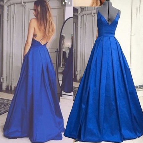 Wedding - Chic Spaghetti Straps V-neck A-line Long Royal Blue Prom Dress from Dressywomen