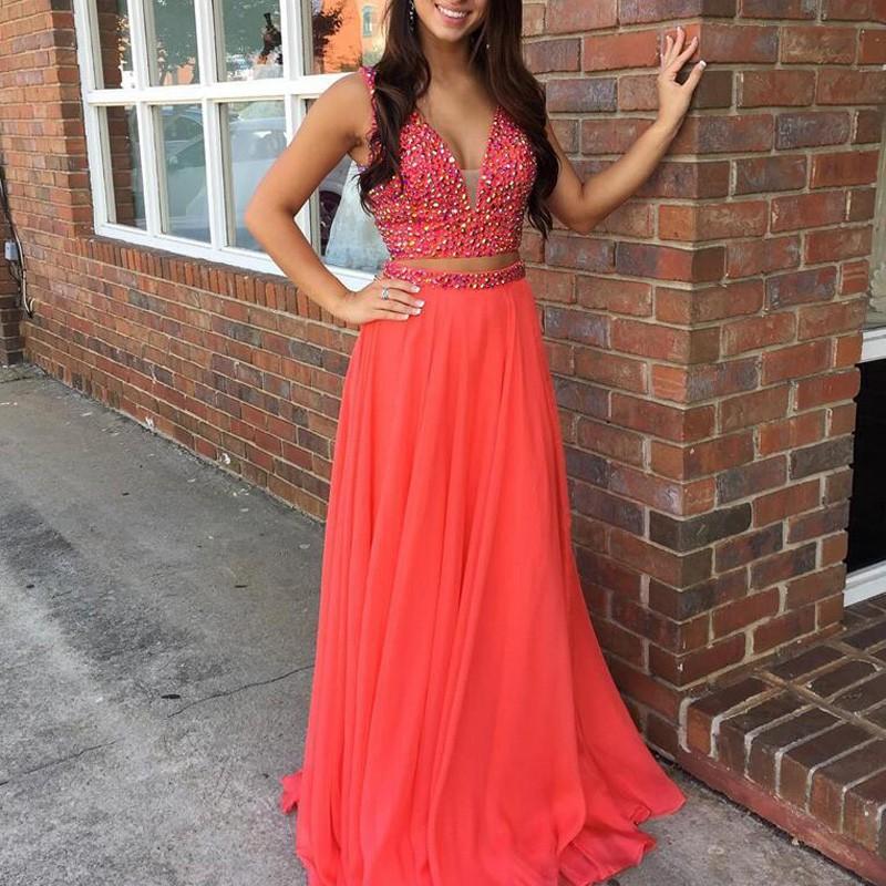 Mariage - Chic Two Piece Coral Prom Dress - V-neck Sleeveless Floor-Length with Beading