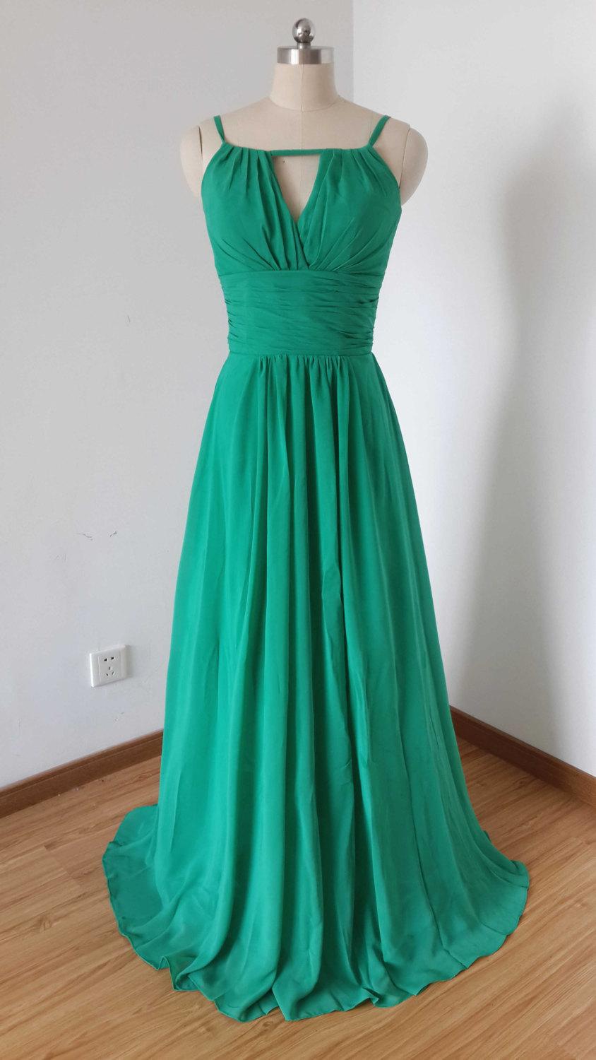Hochzeit - Spaghetti Straps Green Chiffon Long Bridesmaid Dress