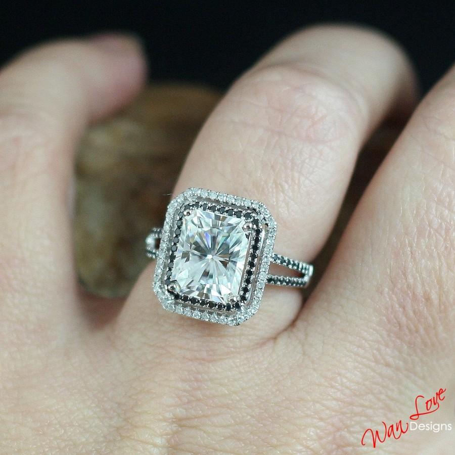 Mariage - Emerald White Topaz Black & White Diamond 2 Halo Engagement Ring 4.5ct 10x8mm 14k 18k White Yellow Rose Gold Platinum Custom Wedding