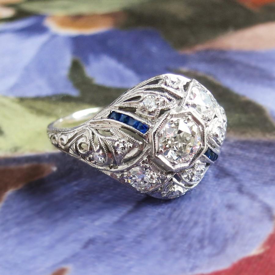 Свадьба - Art Deco Vintage 1930's Old European Cut Diamond Sapphire Filigree Engagement Wedding Anniversary Ring Platinum