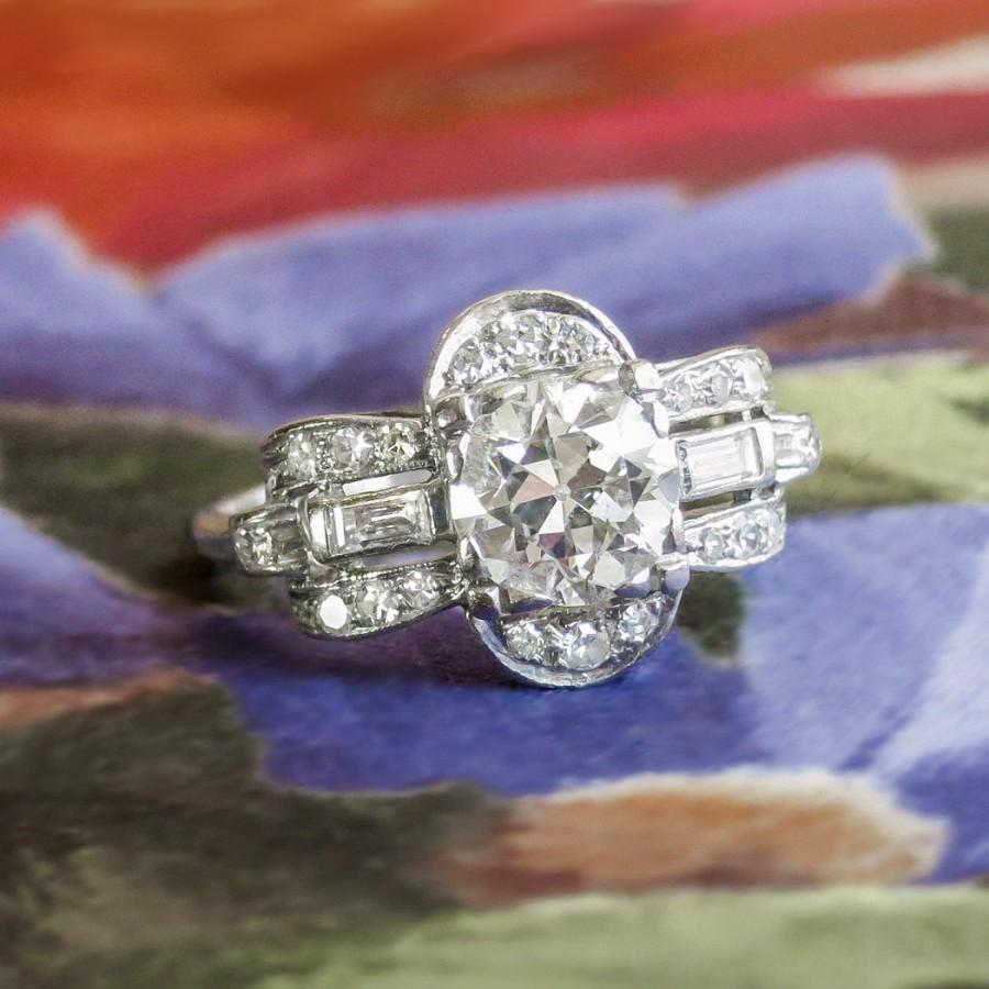 Hochzeit - Art Deco Vintage 1930's Old European Cut Baguette Cut Diamond Engagement Anniversary Wedding Platinum Ring