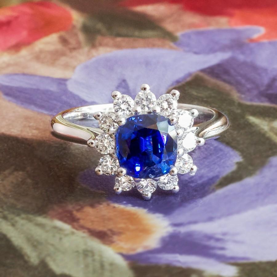 زفاف - Vintage Estate Cushion Cut Blue Sapphire Diamond Halo Cocktail Birthstone Anniversary Engagement Ring Platinum