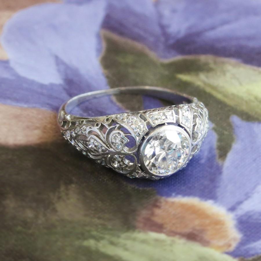 Wedding - Vintage Art Deco 1930's Old European Cut Diamond Platinum Engagement Wedding Anniversary Ring