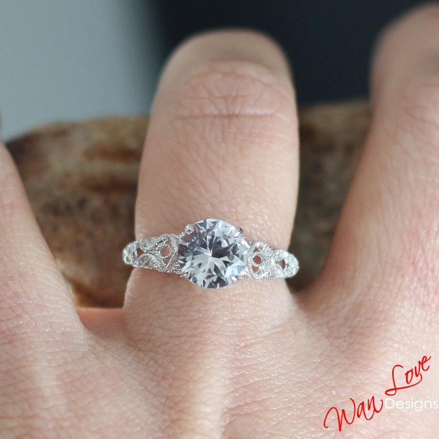Wedding - White Sapphire Milgrain Filigree Solitaire Engagement Ring Round 2ct 8mm 14k 18k White Yellow Rose Gold-Platinum-Custom-Wedding-Anniversary