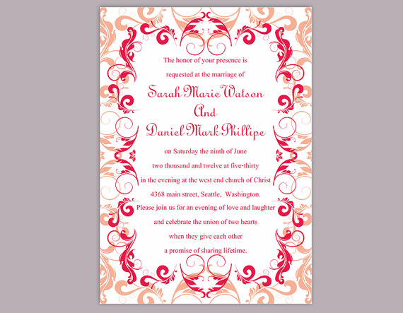 Свадьба - DIY Wedding Invitation Template Editable Word File Instant Download Printable Peach Invitation Red Wedding Invitation Beige Invitations
