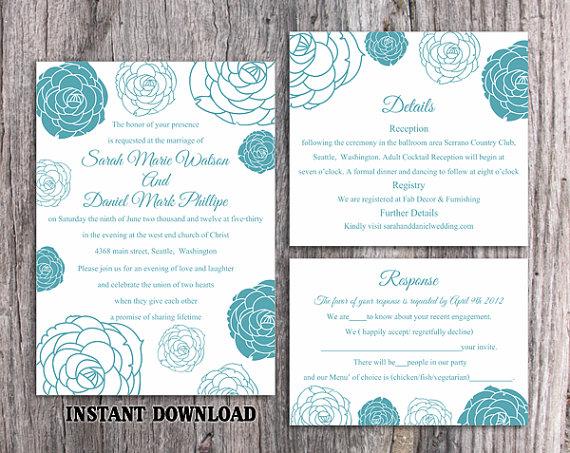 Mariage - DIY Wedding Invitation Template Set Editable Word File Instant Download Printable Floral Invitation Rose Wedding Invitation Blue Invitations