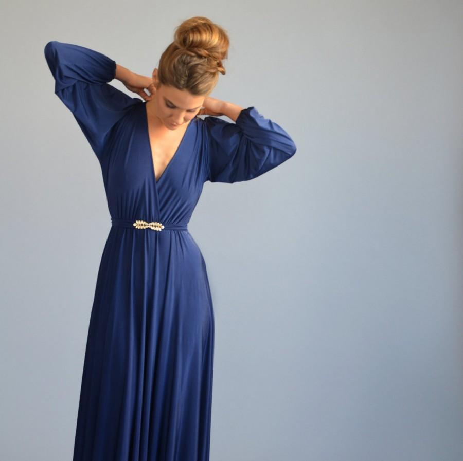 Свадьба - Blue evening dress floor length bell shape dress, golden feather belt ,full circle skirt