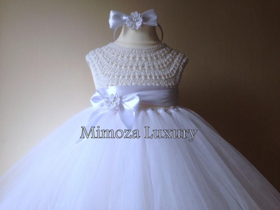 Hochzeit - White Flower girl dress, tutu dress, bridesmaid dress, princess dress, crochet top tulle dress, hand knit top tutu dress, white crochet tutu