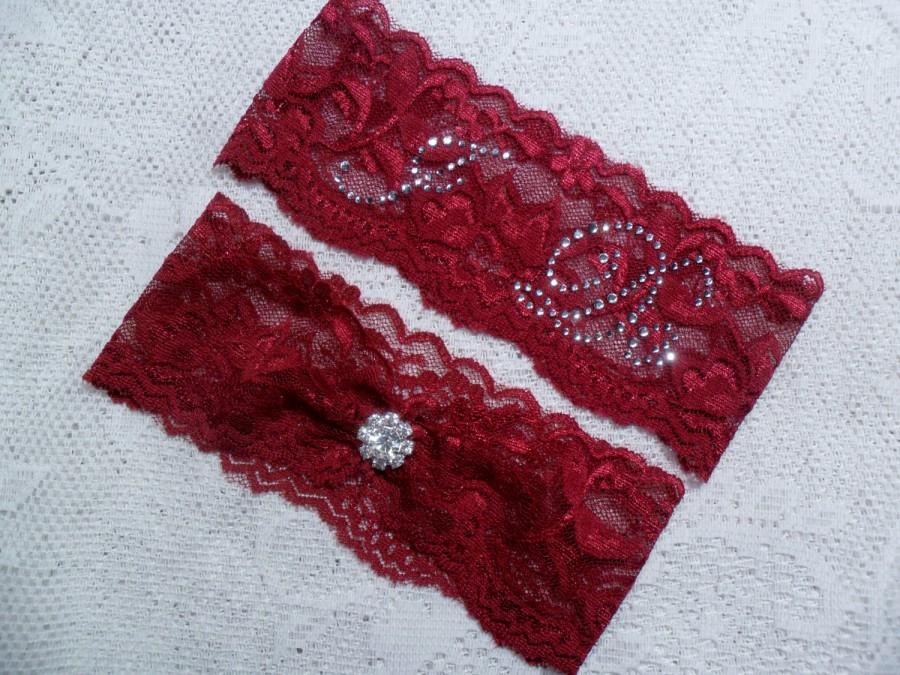 Mariage - Lace Bridal Garter, Red Sangria Wedding Garter, Wedding Accessory, Burgundy/Wine Bridal Garter Set, YOUR CHOICE COLOR, measure 2" above knee