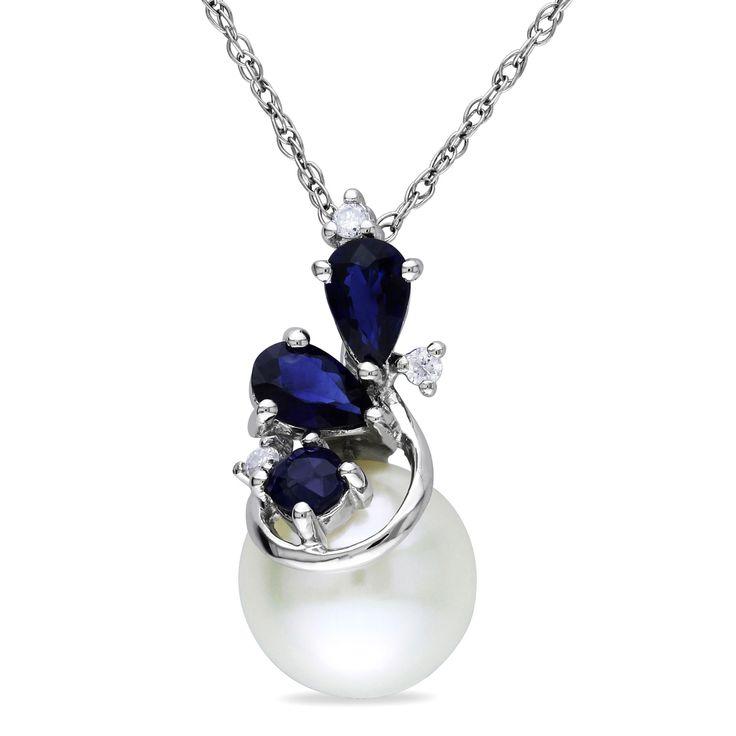 زفاف - Miadora 10k White Gold Cultured Freshwater Pearl, Sapphire And Diamond Necklace (H-I, I2-I3) (8.5-9 Mm) 