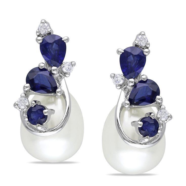 زفاف - Miadora 10k White Gold Cultured Freshwater Pearl, Sapphire And Diamond Earrings By Miadora