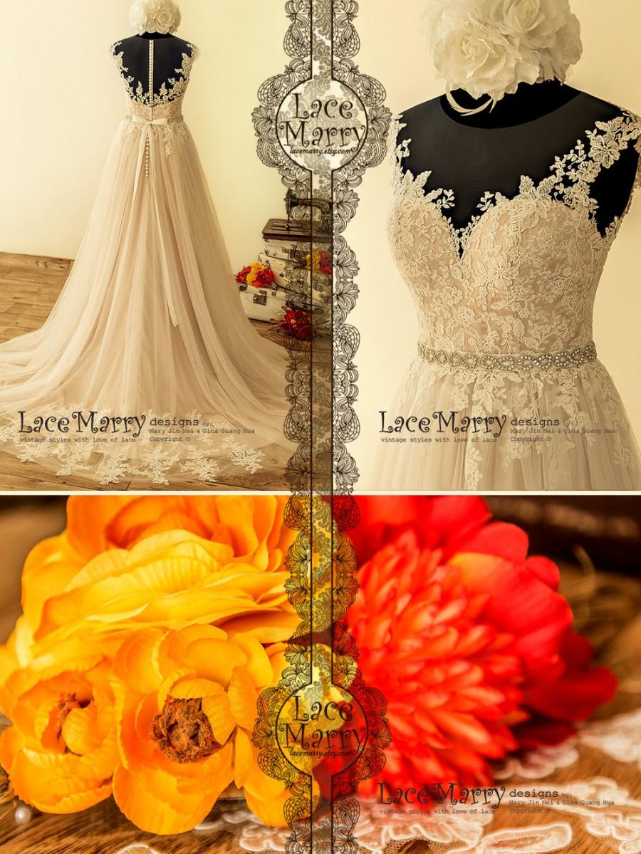 زفاف - Blush Wedding Dress with Airy Tulle Skirt and Illusion Sweetheart Featuring Sheer Back with Buttons and Beaded Sash, Boho Wedding Dress