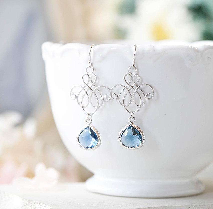 زفاف - Navy Earrings Silver Filigree Navy Blue Sapphire Blue Earrings Navy Wedding Jewelry Bridal Bridesmaid Earrings September Birthstone Jewelry