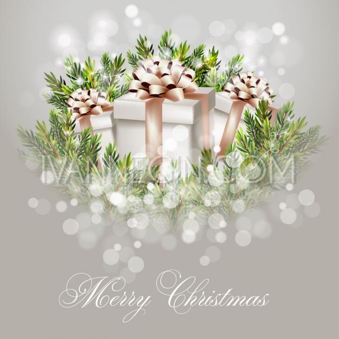 Hochzeit - Merry Christmas and Happy New Year Invitation template gift box, balls, lights garland pine tree - Unique vector illustrations, christmas cards, wedding invitations, images and photos by Ivan Negin