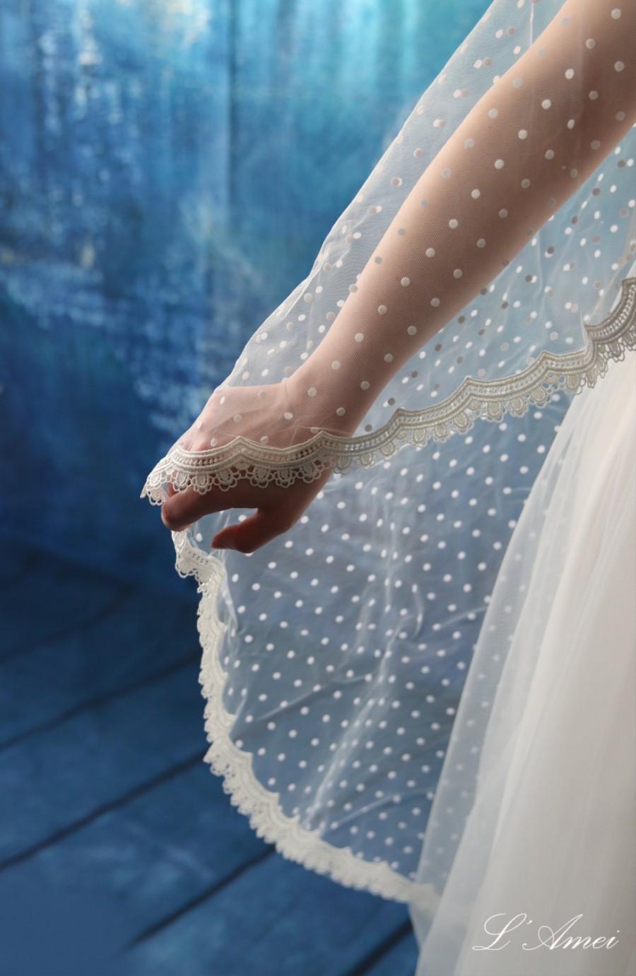 Wedding - Fingertip Length Polka Dot Lace Tulle Cathedral Mantilla Bridal Wedding Veil with Comb