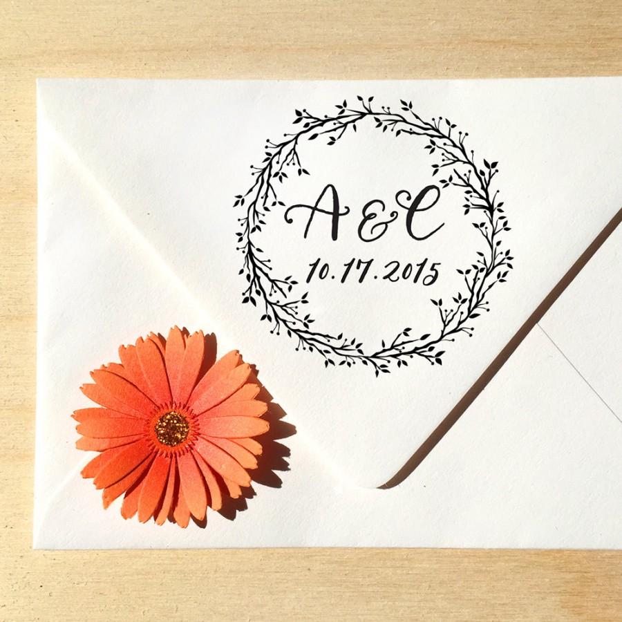 Wedding - Laurel Circle Monogram Save the Date stamp with date and calligraphy initials