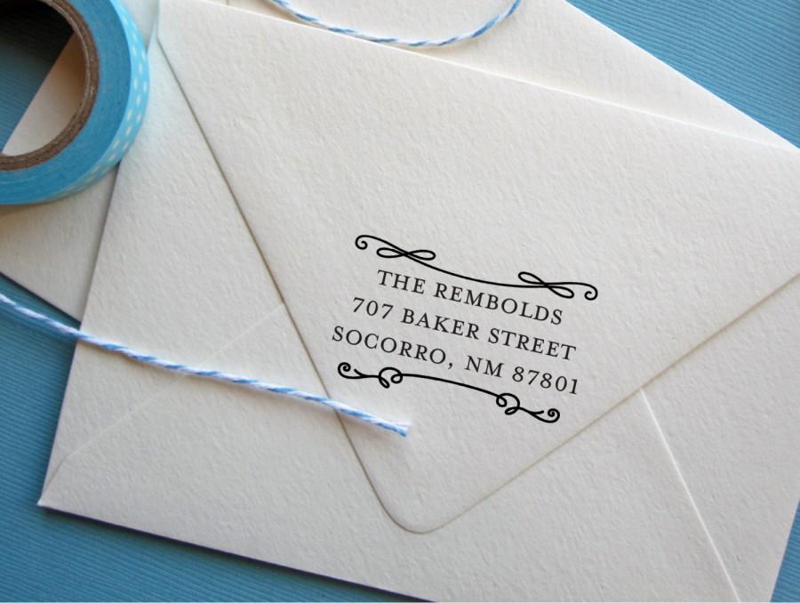 Wedding - Return address stamp with flourishes, self inking return address stamp, rubber stamp wood handle