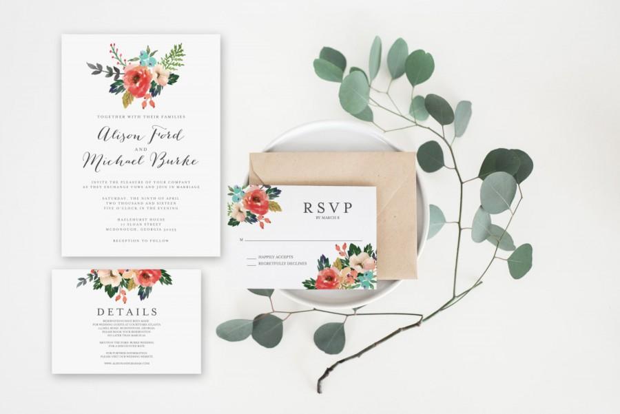 Mariage - Wedding Invitation Set - Watercolor Floral Invitation - Rustic Chic Invitation - Minimalist Invitation Set - Simple Invitation Set (005)