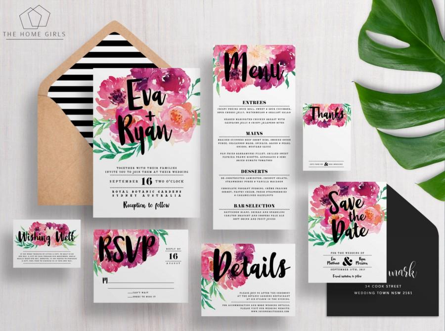 Mariage - Wedding Invitation Suite Floral Watercolor / Printable Wedding Suite / Save the Date / Custom / Download / Invite Set/ Bright / Eva Suite