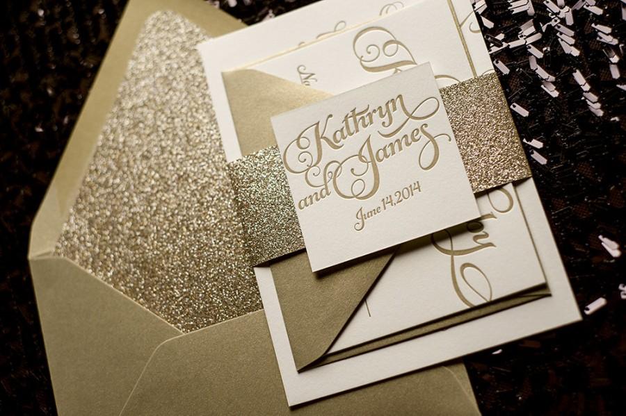 Hochzeit - Gold Glitter Letterpress Wedding Invitation, Calligraphy Invitation, Gold Glitter Wedding Invite - Deposit to Get Started