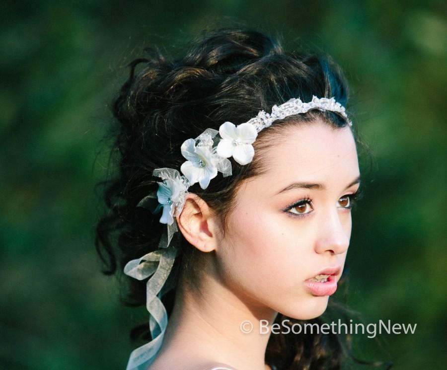 Wedding - Wedding Hair Accessories of Beaded Lace Tie Wedding Headband with Flowers, Wedding Hair Rhinestone Head Piece