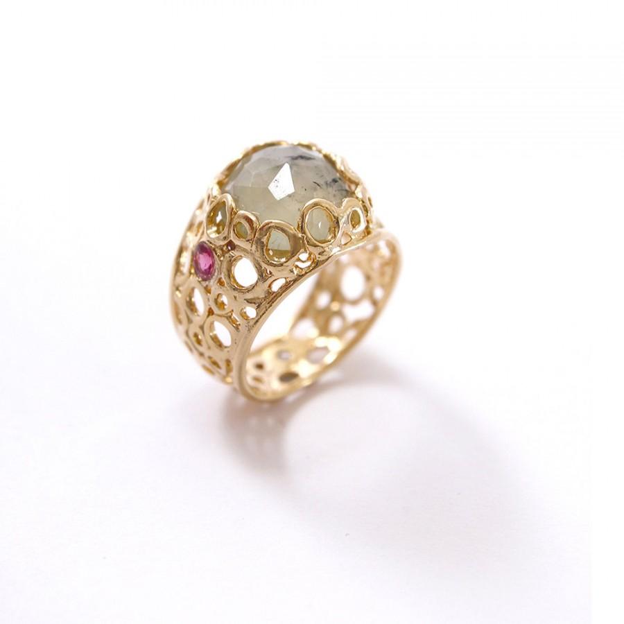زفاف - Art Deco Engagement Ring, filigree engagement ring, Anniversary ring, Fine Jewelry, Cocktail Ring, Multistone green and Gold
