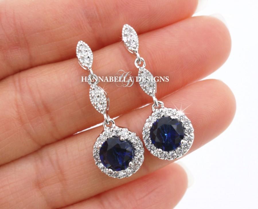 Hochzeit - Gigi - Sapphire Blue Wedding Earrings, Bridal CZ Earrings, Cubic Zirconia Dangle Earrings, Vintage Wedding Jewelry, Bridesmaids Earrings