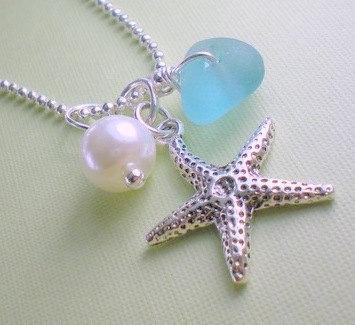 Hochzeit - Seaglass Jewelry Starfish Beach Necklace