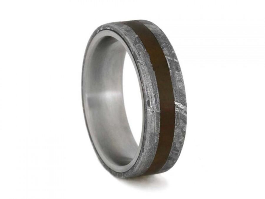 زفاف - Meteorite and Petrified Wood Ring with Titanium Sleeve; Wedding Band or Personalized Gift