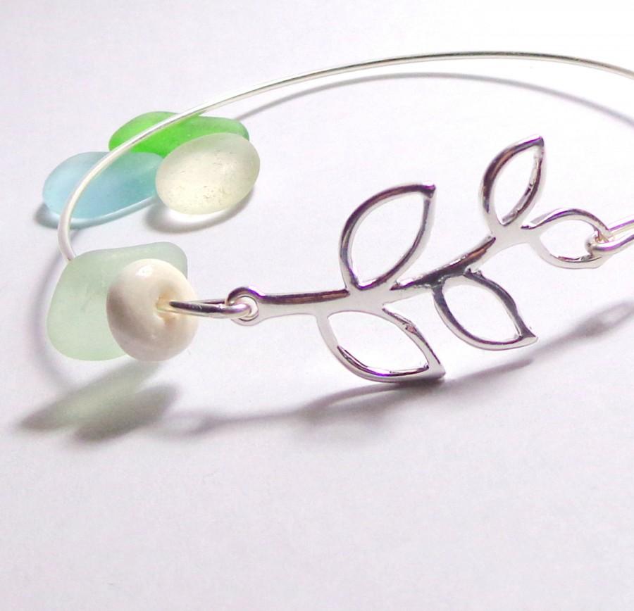 Wedding - Open Leaf Sea Glass Bracelet Aqua Sea Glass Bangle Seafoam Puka Shell