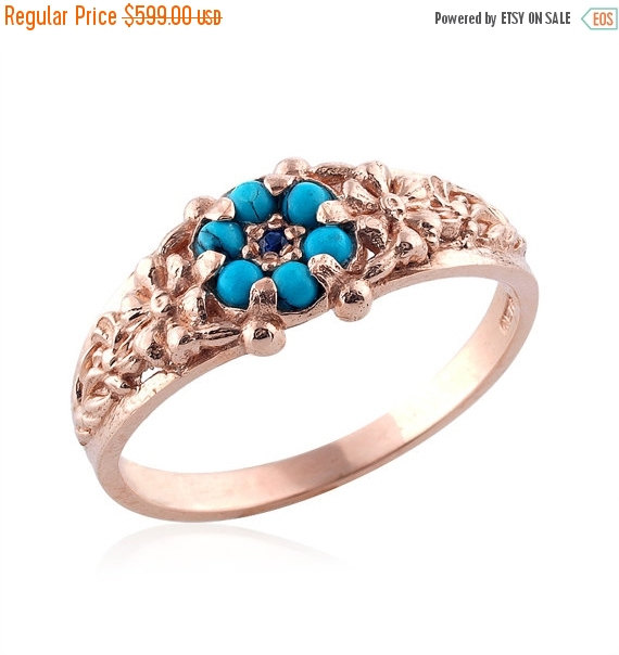زفاف - Holiday Sale - Rose Gold Ring, Turquoise Wedding, Antique Style, 18K Gold, Turquoise Sapphire, Floral, Turquoise Wedding Ring, Rose Gold Eng