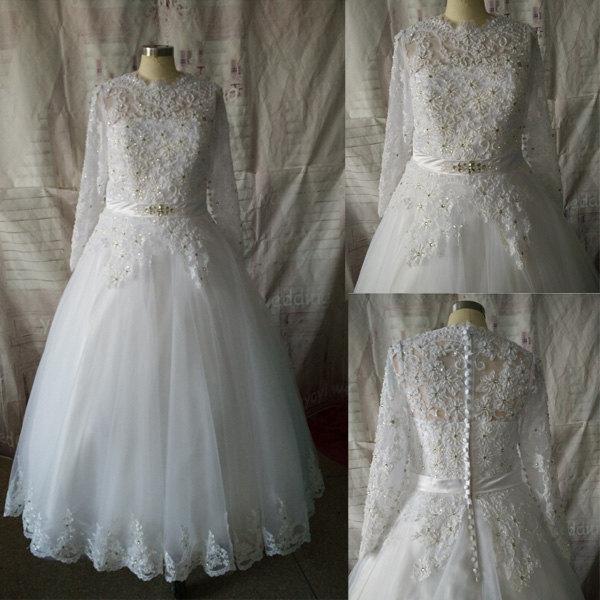 زفاف - Gorgeous White Tulle Long Sleeves Wedding Dresses Lace Appliques With Beadworks Ball Gown Bridal Dress Wedding Gown ET154