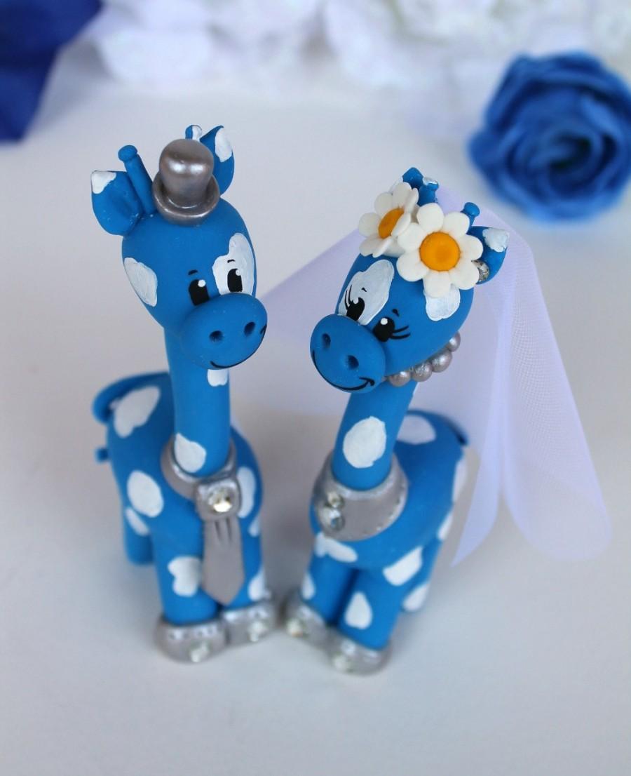زفاف - Giraffe custom cake topper for wedding - Blue and white giraffe bride and groom
