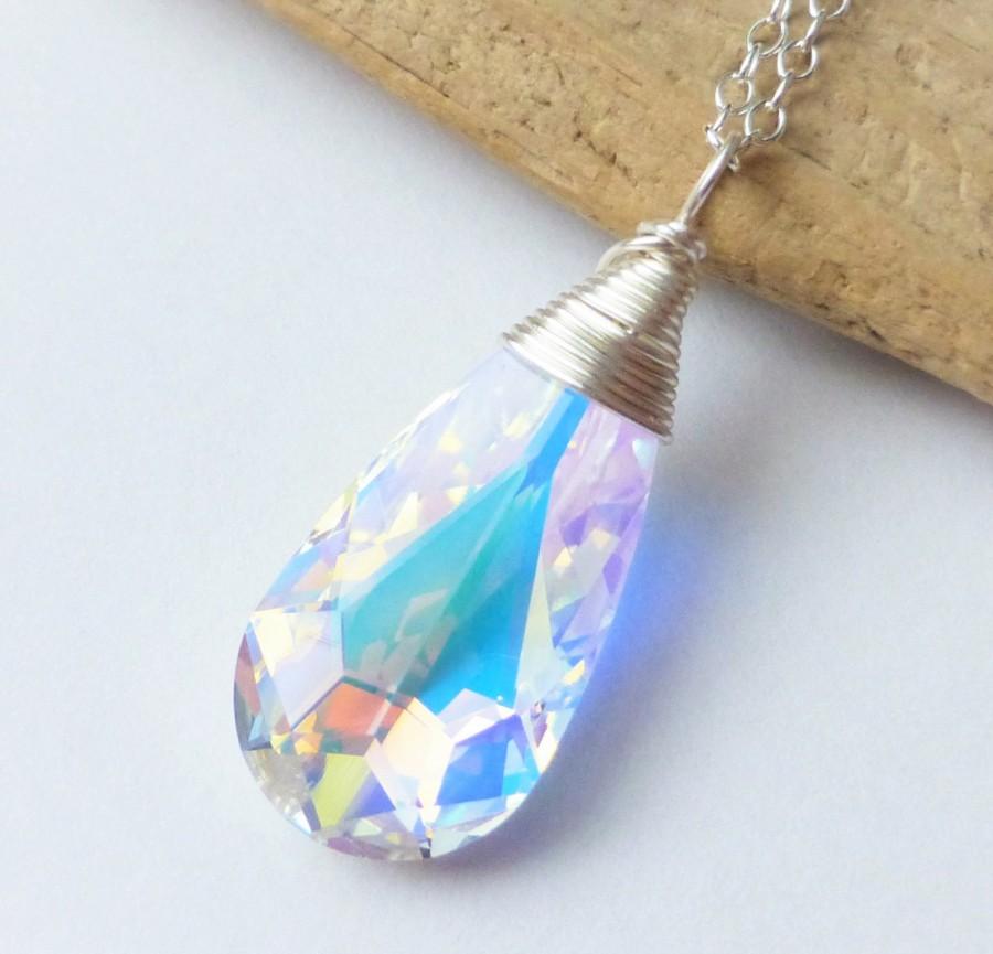 Wedding - Swarovski Crystal Necklace, Aurora Borealis Prism Wire Wrapped Pendant Necklace, Bridesmaid Gifts, Bridal Jewelry, Gift for Her, Rainbow