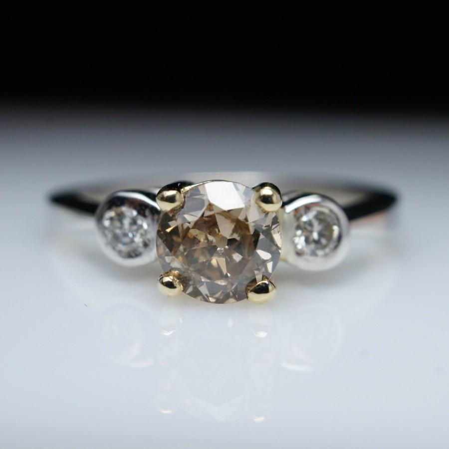 Hochzeit - Champagne Diamond Vintage Engagement Ring Three Stone Brown Diamond Engagement Colored Diamond Ring Unique Wedding Band Vintage Ring