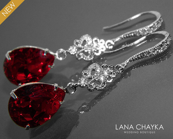 Hochzeit - Red Crystal Earrings Dark Red Chandelier Earrings Swarovski Siam Teardrop Rhinestone Silver Earrings Bridal Bridesmaids Red Wedding Jewelry