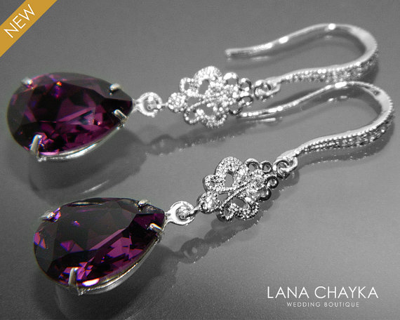 Wedding - Amethyst Crystal Earrings Purple Chandelier Earrings Swarovski Teardrop Rhinestone Silver Earrings Bridal Bridesmaids Amethyst Jewelry