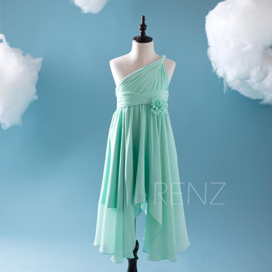 Hochzeit - 2016 Mint Junior Bridesmaid dress, One Shoulder Rosette dress, Long Chiffon Draped Flower Girl dress floor length (ZK027)
