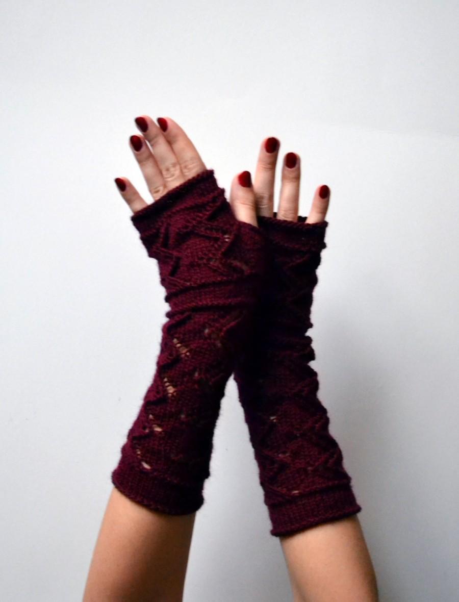 Свадьба - Dark Red Lace Knit Fingerless Gloves - Lace Fingerless Gloves - Knit Lace Gloves - Feminine Fingerless - Christmas Gift nO 150