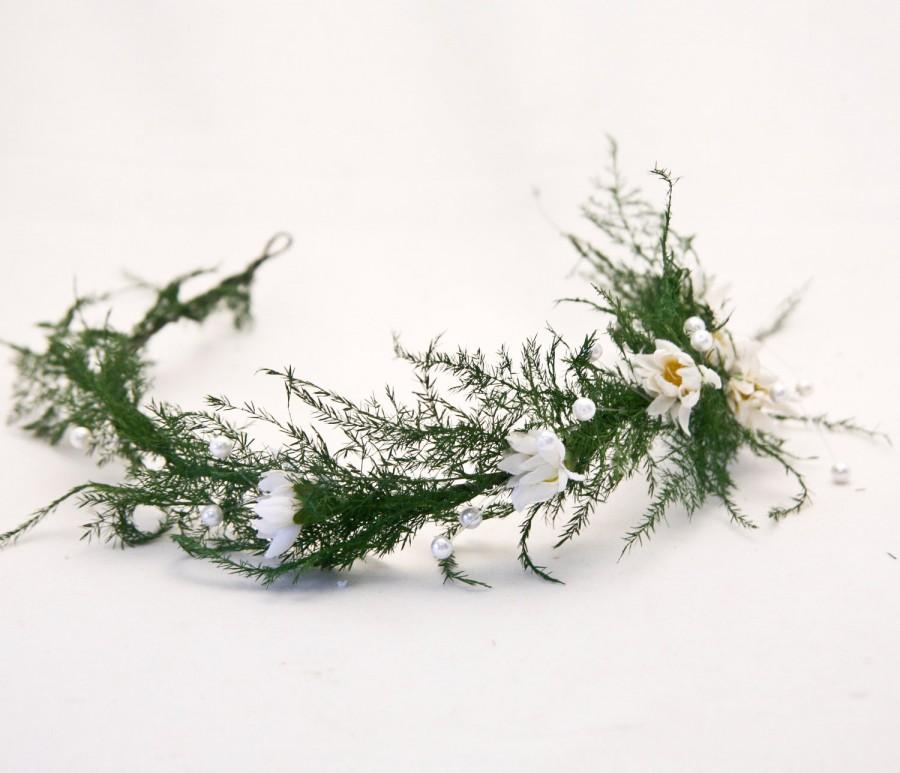 Wedding - Natural Dried Fern Woodland Wedding Hair Wreath in Green with Daisies and Pearls Woodland Weding Crown