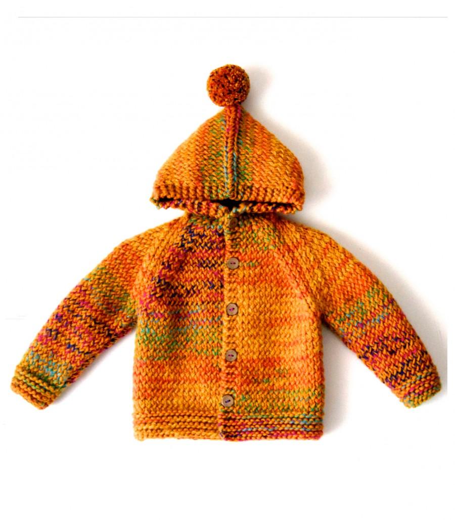 Mariage - Hand Knitted Baby/Toddler Girl 0 Wool&Mohair blended Hoodie Cardigan/Jacket, Chunky, Duffel Coat, Mustard with mixed colors with Pom Pom