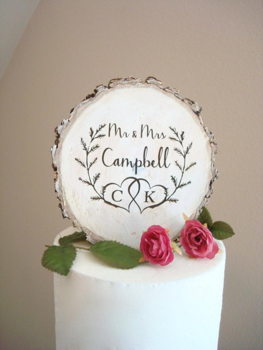 Wedding - Wedding Cake Topper, Shabby Wedding, White Cake Topper, Painted Topper, Custom Cake Topper, Wood Slice Cake Topper, Rustic Cake Topper