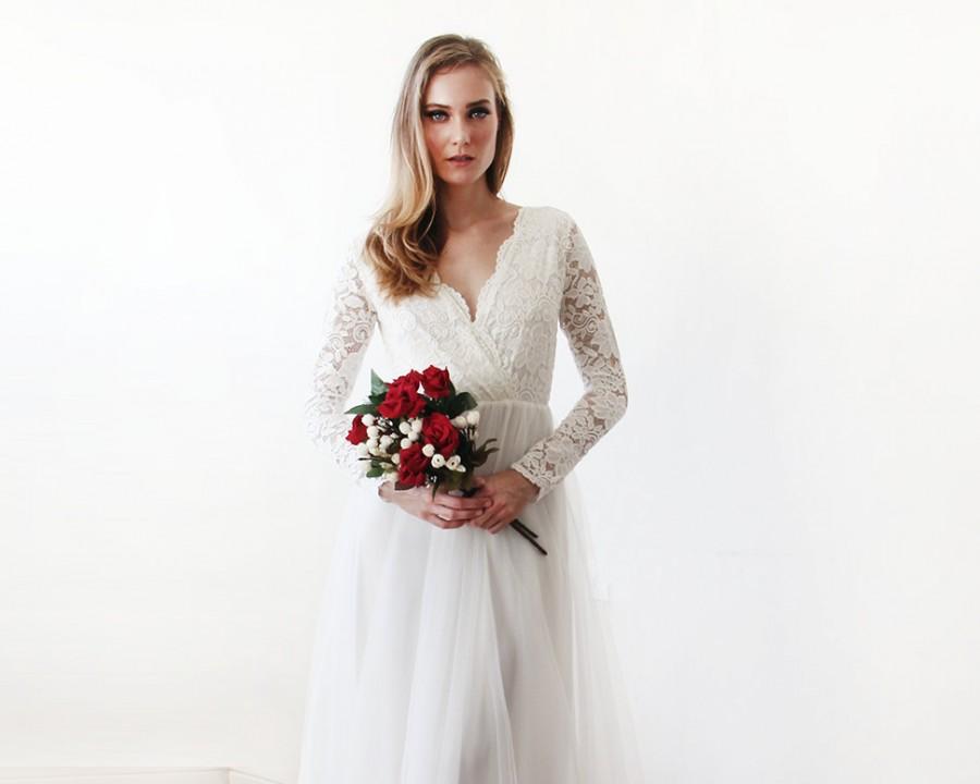 زفاف - Ivory tulle and lace long sleeves wedding gown, Tulle and lace bridal gown, Tulle wedding empire dress 1125.