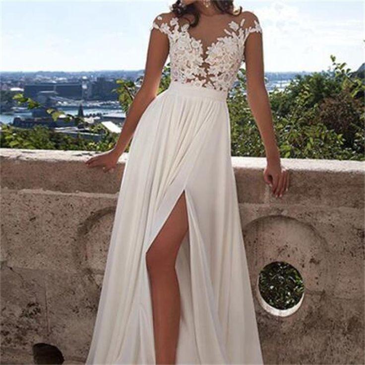 Wedding - Long A-Line White Lace Prom Dress With Appliques, Side Slit Sexy Wedding Party Dress, WD0124