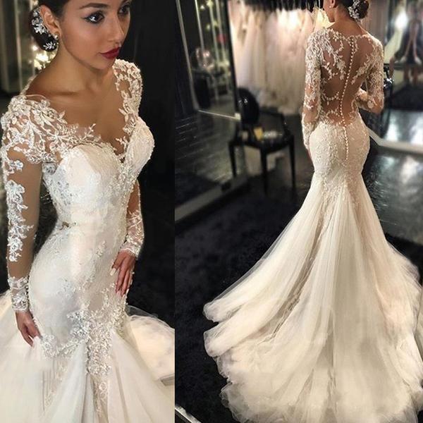 Hochzeit - Luxury See Through Sexy Mermaid Lace Tulle Wedding Dresses, Long Sleeve Wedding Gown ,WD0198