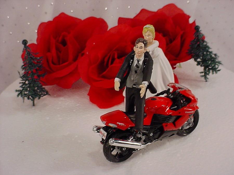 زفاف - Red Kawasaki Motorcycle Bike Custom Fun Groom's Wedding Cake Topper- Humerous Funny Mr Love Mrs Freeway of Love Road Bikers Couple- B1