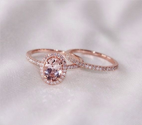 Wedding - 14kt Rose Gold 7x5mm Oval Morganite and Diamonds Engagement Ring with matching wedding band